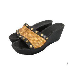 TORY BURCH Straw/Leather JOANIE Studded PLATFORM WEDGE SANDALS US 8.5 Logo s7155